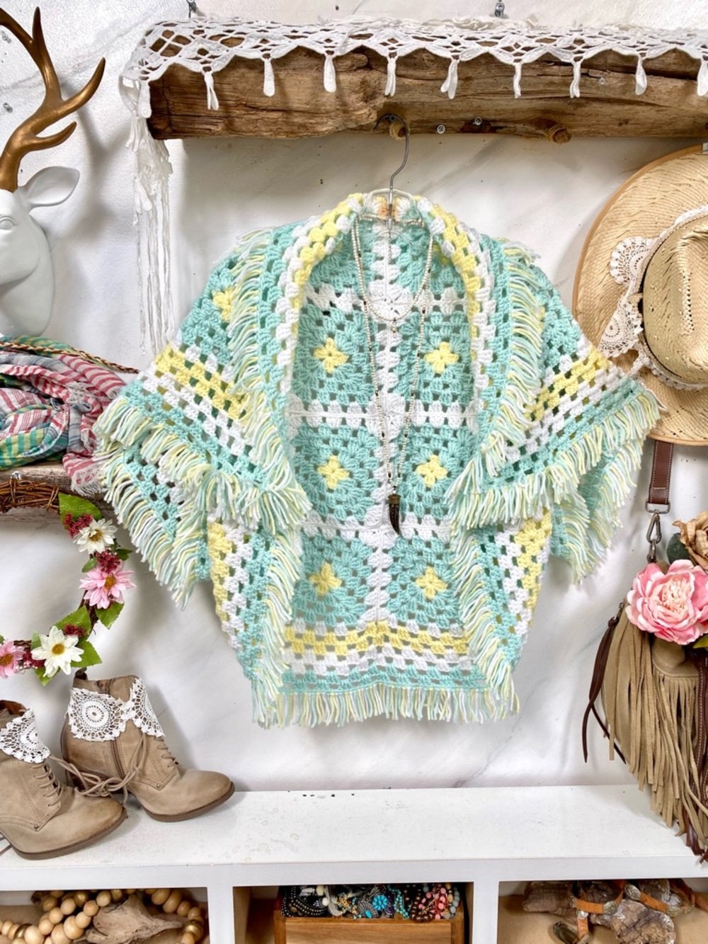 Artisan Fringe Granny Square summer shrug cover up w farmhouse cottagecore vibe